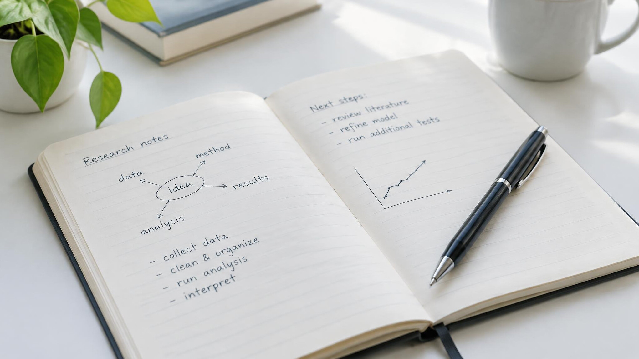 Notebook with handwritten notes and pen
