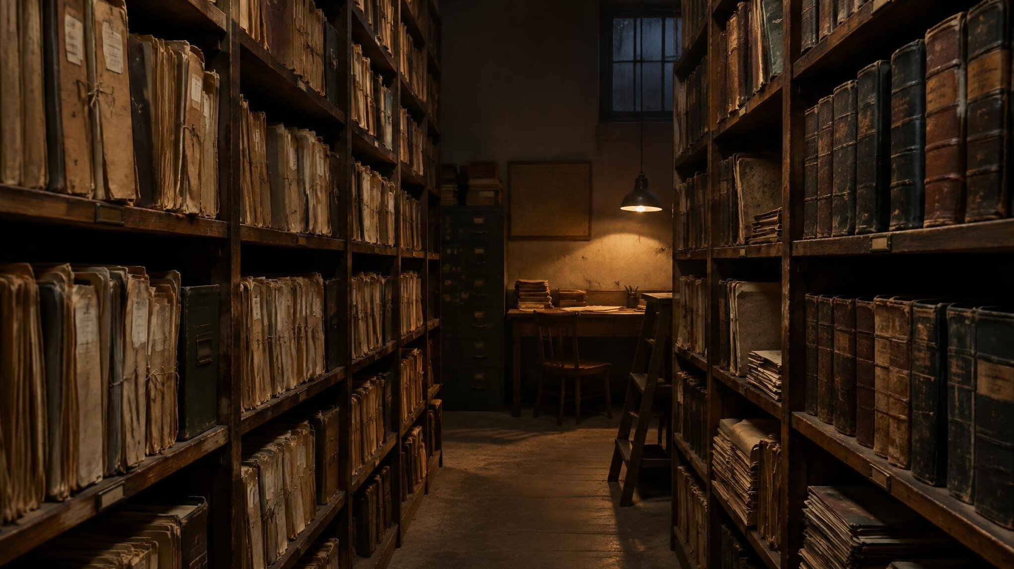 Tall library shelves filled with old books