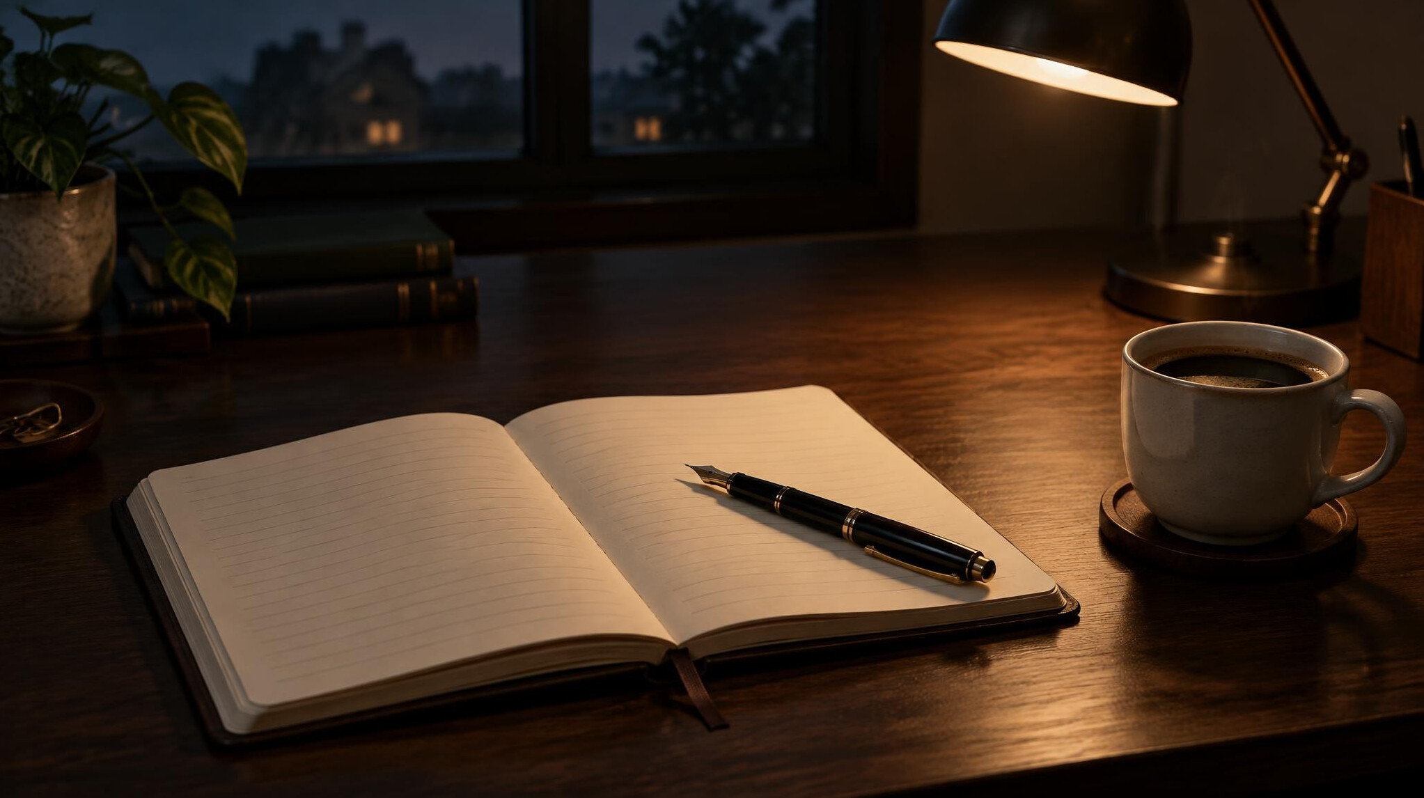 Open book on a wooden table next to a cup of coffee