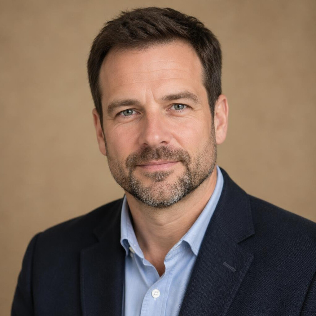 Portrait of a man with short dark hair and a beard