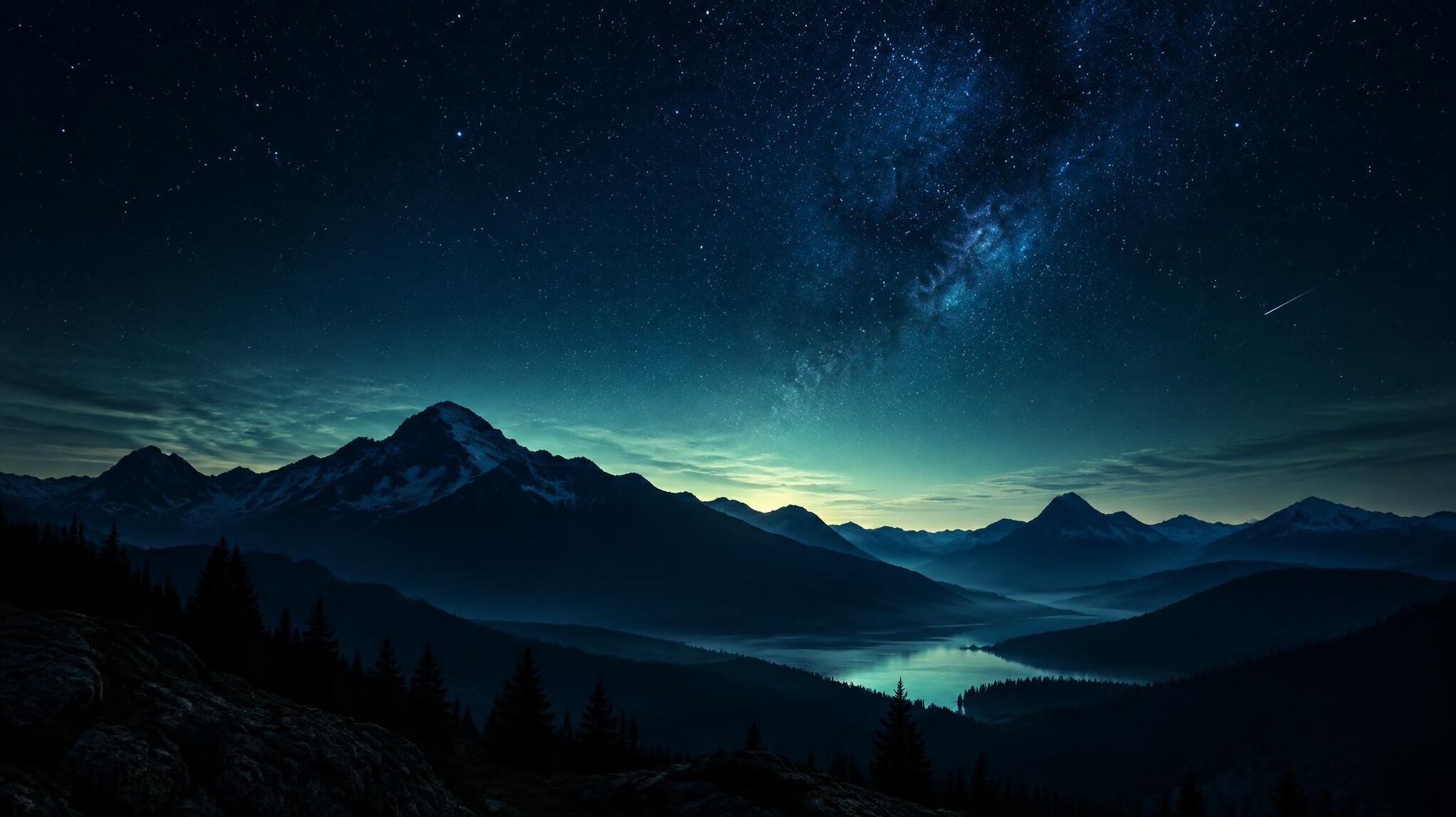 Dark mountain landscape under a starry night sky