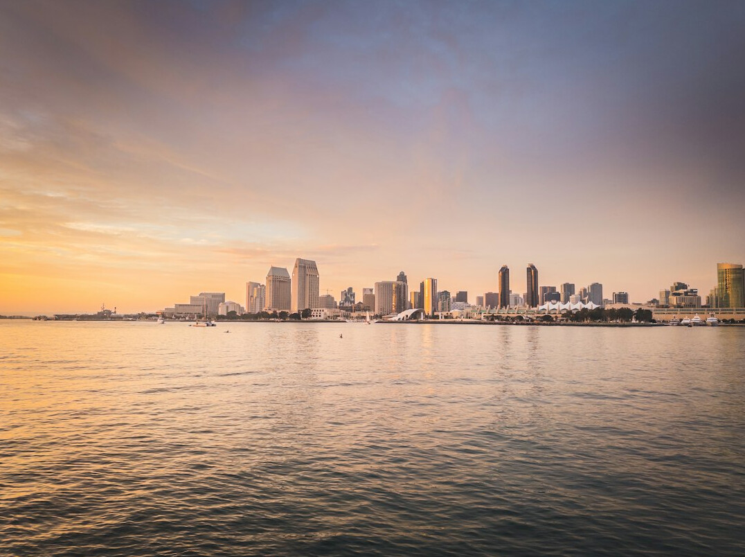 City skyline at dusk across the water