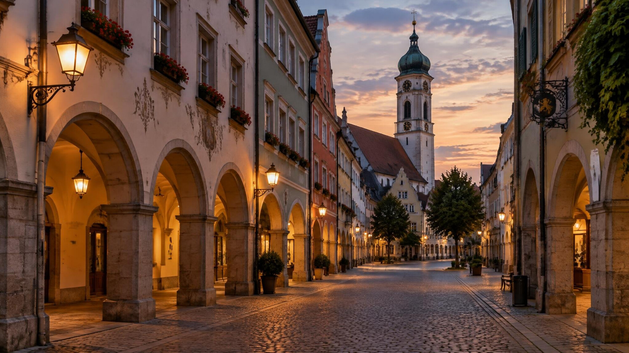 Old town street with historic buildings in warm evening light